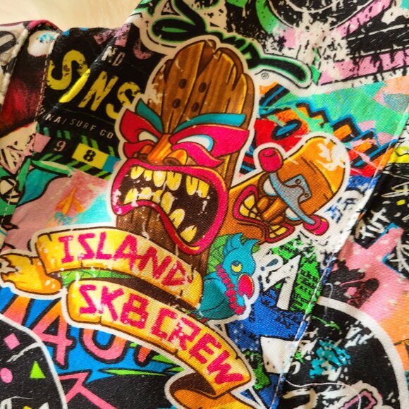 Y2K Maui and Sons Punk Shark Surf Skull Print Button Up Shirt - Picture 2 of 8